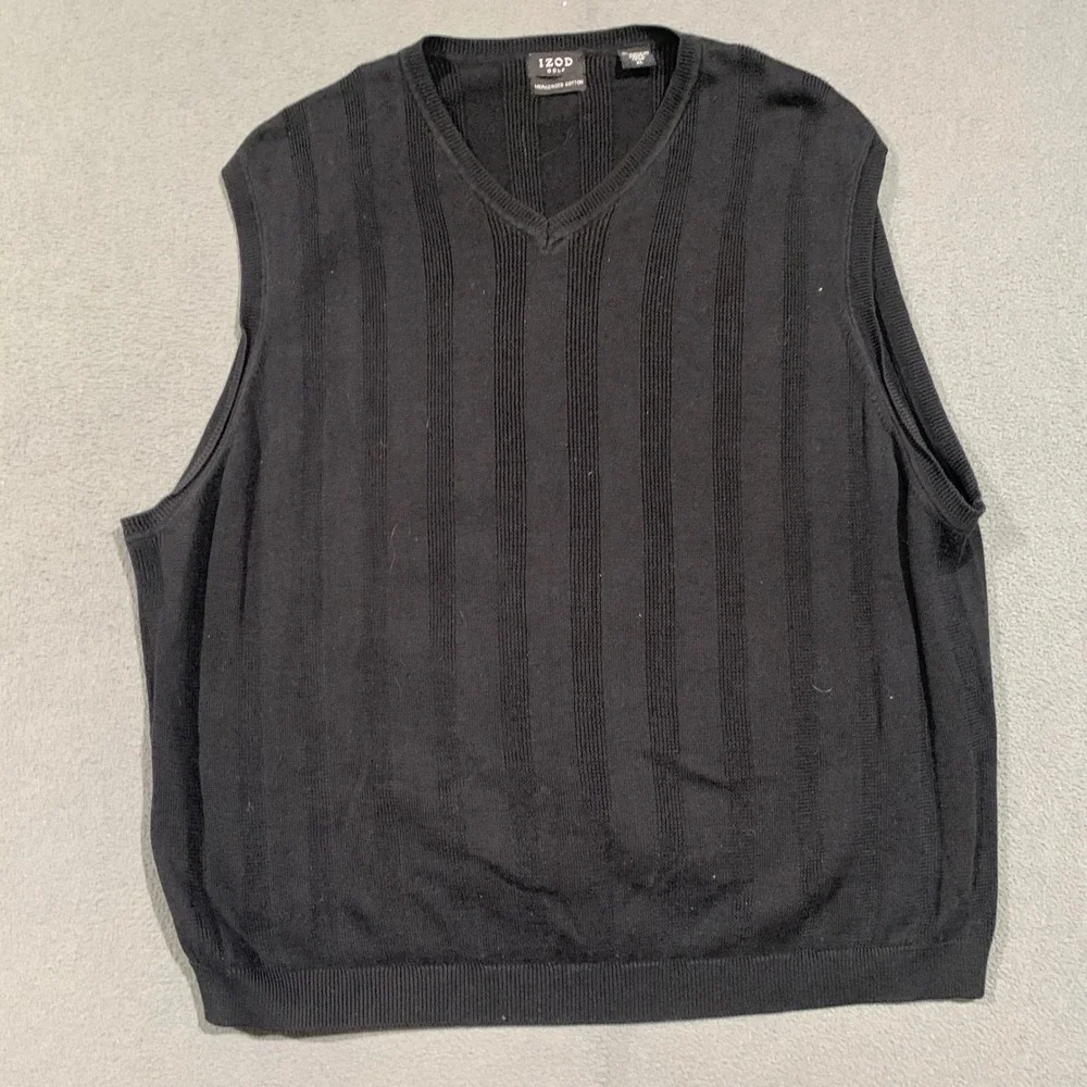 IZOD Golf Sweater Vest Mens XL Black V-Neck Mercerized Cotton Ribbed Knit Vest